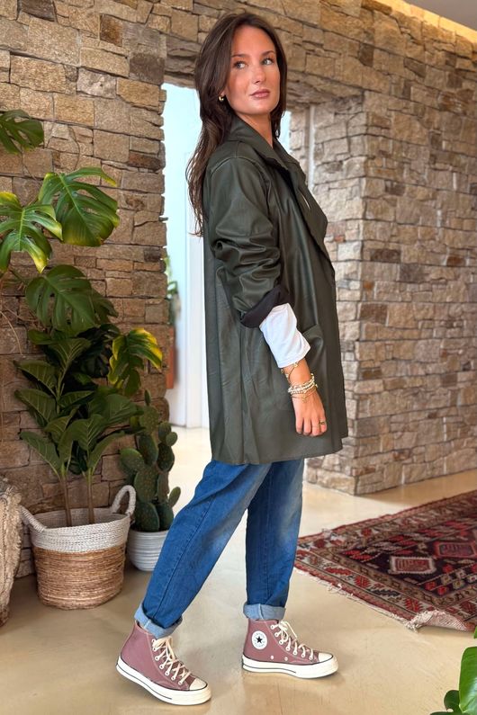 Made in Italy Runa Leather Look Relaxed Blazer Khaki